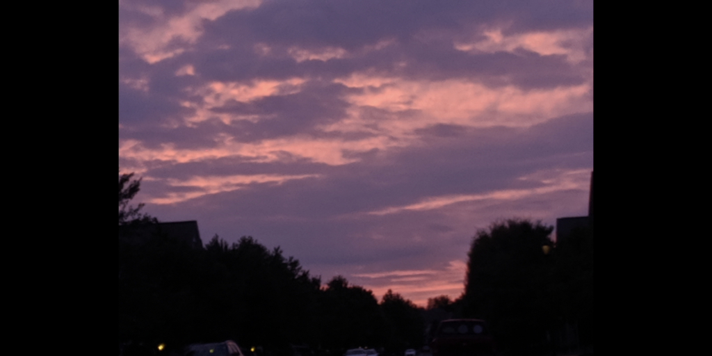 The sky on an evening walk. Take photos to remind yourself to appreciate nature and relax.